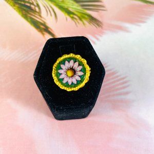 Vintage gold tone Millefiori sunflower adjustable ring mini mosaic One size fits